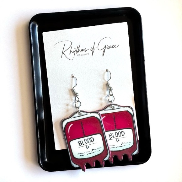 Blood Bag Dangle Earrings - Quirky & Unique Statement Jewelry for Medical Staff - Picture 3 of 9